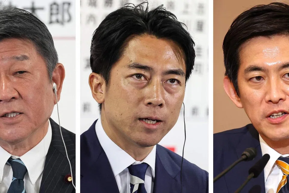 Gabungan foto fail yang dihasilkan pada 8 September 2025 ini menunjukkan (dari kiri ke kanan) Ketua Setiausaha Kabinet Jepun Yoshimasa Hayashi; bekas Menteri Luar Toshimitsu Motegi; Menteri Pertanian, Perhutanan dan Perikanan Shinjiro Koizumi; bekas Menteri Keselamatan Ekonomi Takayuki Kobayashi dan bekas Menteri Negara bagi Keselamatan Ekonomi Sanae Takaichi dilaporkan mengumumkan hasrat bertanding bagi menggantikan Perdana Menteri Shigeru Ishiba. Ketika berucap di acara berasingan di Tokyo. Motegi, bekas diplomat kanan yang digelar “Trump Whisperer”, menjadi calon pertama pada 8 September menyertai perebutan jawatan pemimpin baru Jepun, sehari selepas Perdana Menteri Shigeru Ishiba mengumumkan peletakan jawatannya. Antara calon lain yang dijangka bertanding ialah Hayashi, jurucakap kanan kerajaan Ishiba; Kobayashi, bekas menteri keselamatan ekonomi; Koizumi, yang baru-baru ini ditugaskan menurunkan harga beras; dan Takaichi, seorang nasionalis tegar yang pernah menjadi pemain dram muzik heavy metal.