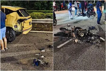 Gambar di Facebook menunjukkan kenderaan utiliti sukan Aion berwarna kuning dengan nombor plat Singapura dengan bahagian kiri belakangnya rosak teruk. Sebuah motosikal dengan nombor plat Malaysia yang terbaring di belakang kereta itu kelihatan remuk, dengan bahagian-bahagiannya bertaburan di jalan raya.