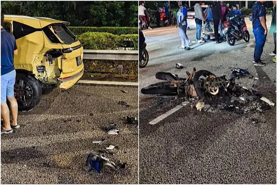 Gambar di Facebook menunjukkan kenderaan utiliti sukan Aion berwarna kuning dengan nombor plat Singapura dengan bahagian kiri belakangnya rosak teruk. Sebuah motosikal dengan nombor plat Malaysia yang terbaring di belakang kereta itu kelihatan remuk, dengan bahagian-bahagiannya bertaburan di jalan raya.