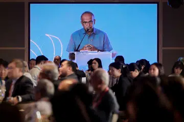 Menteri Ehwal Dalam Negeri merangkap Undang-Undang, Encik K. Shanmugam, semasa ‘Forum Ketegangan Kaum Tidak Melibatkan Keganasan’ di Parkroyal Collection Marina Bay pada 1 Julai. 