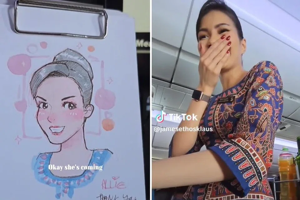 HADIAH ISTIMEWA: Pramugari SIA, Cik Allie Amylia Affendy Stuart menerima lukisan itu semasa dalam penerbangan dari Singapura ke Icheon, Korea Selatan.