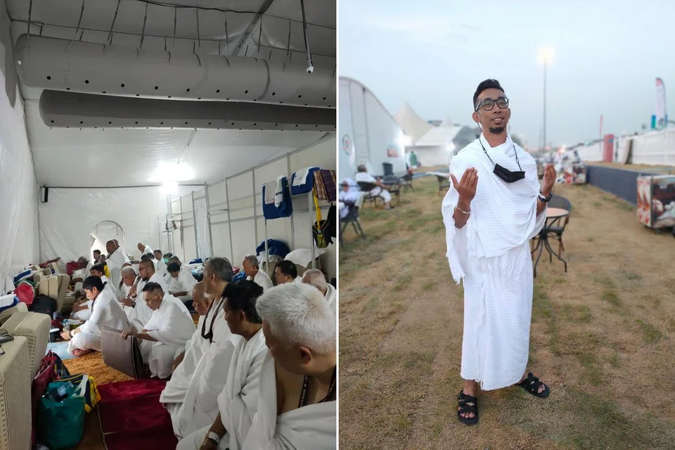 Jemaah membuat persiapan di khemah (kiri) sementara Encik Muhammad Zabid Muhammad Rashid (kanan) kelihatan bergambar pada pagi hari wuquf pada 15 Jun.