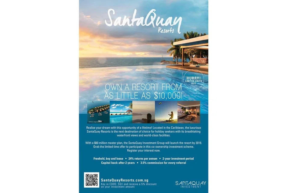 JANGAN TERPEDAYA: Iklan skim pelaburan olok-olok pusat peranginan pesisiran pantai SantaQuay di Caribbean yang digunakan MoneySENSE dalam kempen Awas! Penipuan Pelaburan.- Foto PENGUASA KEWANGAN SINGAPURA (MAS)