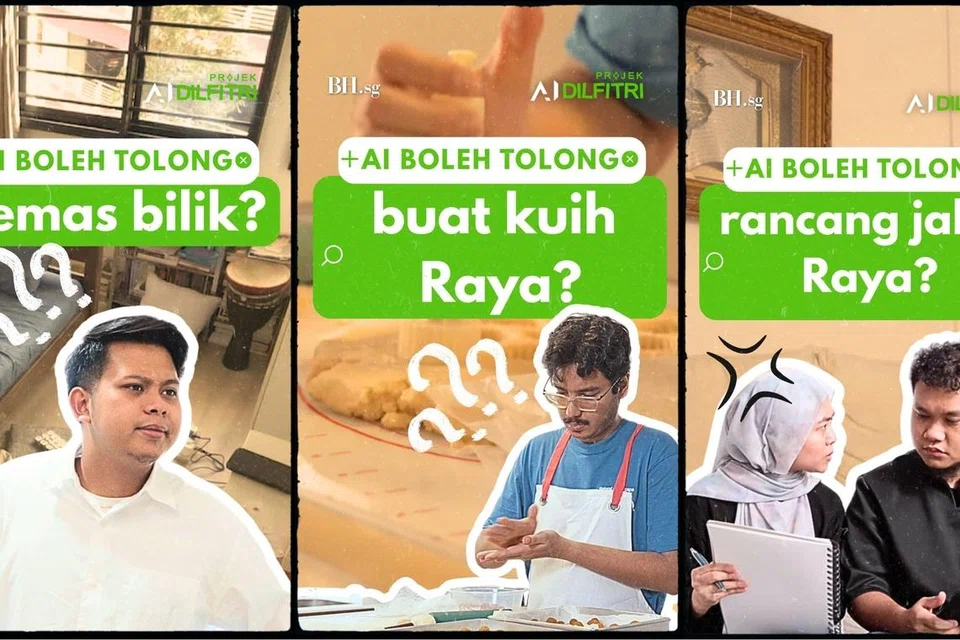 (Gambar atas) Ikuti kisah wartawan BH, (dari kiri) Encik Amirul Ibrahim, Syed Muhammad Firdaus dan Encik Khairul Akmal Ali, memanfaatkan kecerdasan buatan (AI) untuk persiapan Hari Raya. 