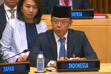 Menteri Luar Indonesia, Encik Sugiono, berucap di ibu pejabat Pertubuhan Bangsa-Bangsa Bersatu, New York, Amerika Syarikat, pada 24 September 2026. Indonesia berikrar memperkukuh usaha keamanan sejagat menerusi pencalonannya sebagai anggota tidak tetap Majlis Keselamatan PBB bagi penggal 2029 hingga 2030.