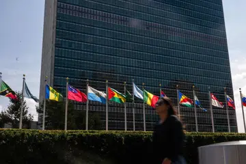 Ibu pejabat Pertubuhan Bangsa-Bangsa Bersatu (PBB) di Manhattan, New York. Perhimpunan Agung PBB akan mengundi sama ada menyokong Deklarasi New York tanpa penglibatan Hamas.