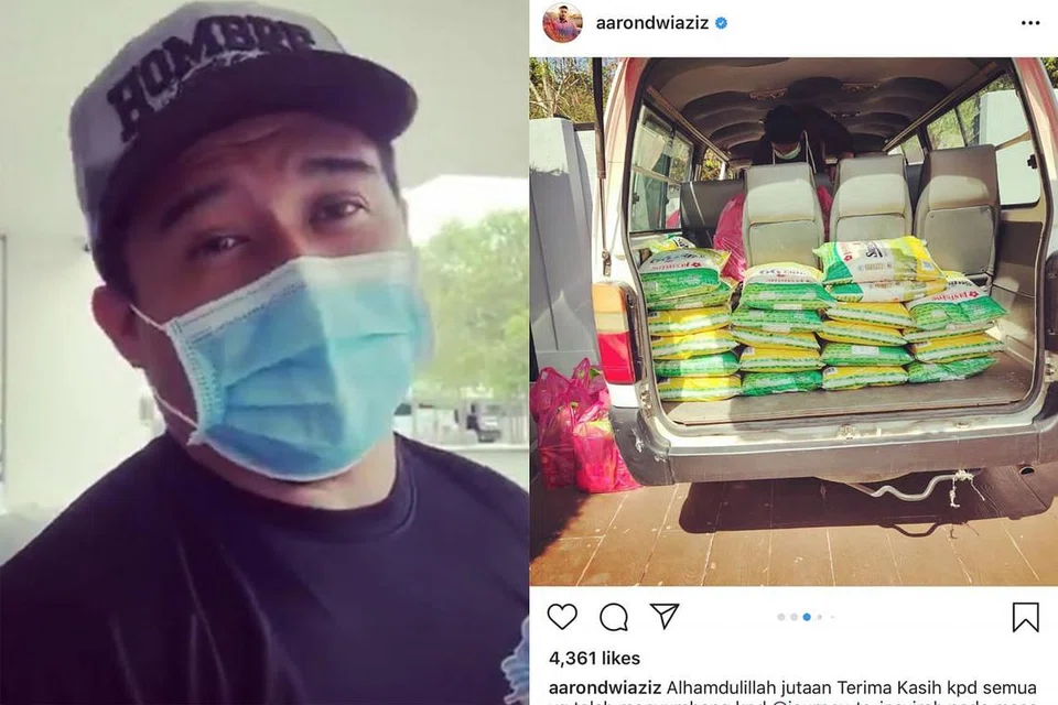 GIGIH MEMBANTU: Aaron Aziz ketika membuat liputan secara langsung di Instagramnya mengenai urusan pembahagian keperluan bagi orang memerlukan. Gambar kanan menunjukkan beras hasil derma orang ramai yang dikumpul Aaron untuk diagih-agihkan kepada golongan susah. - Foto-foto IG AARON AZIZ