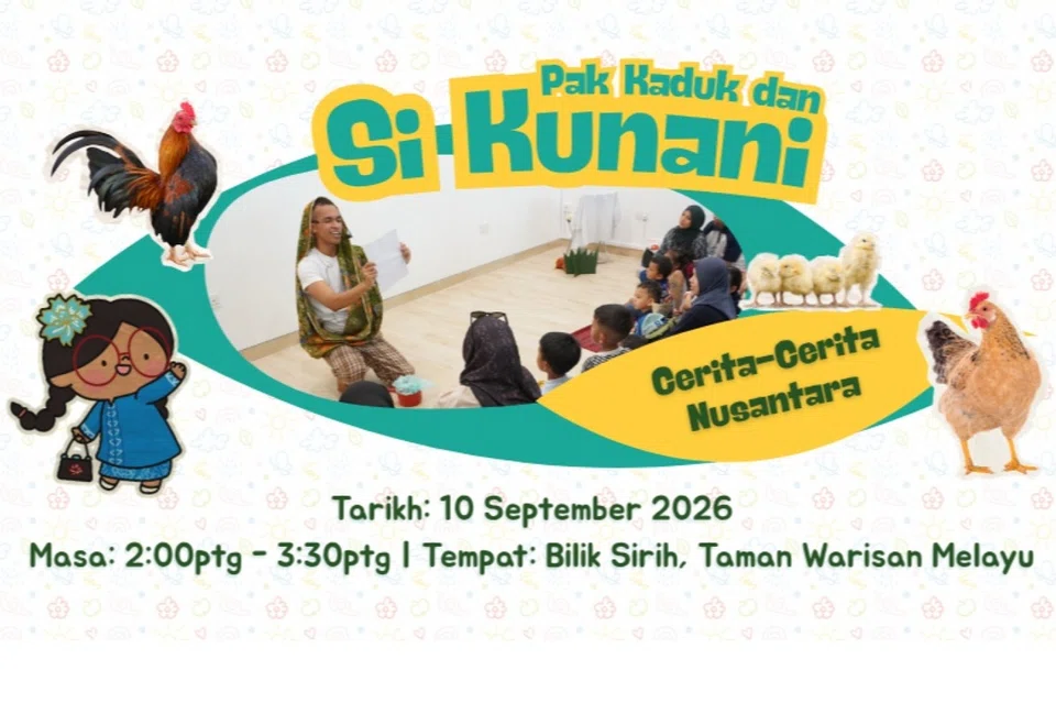 Sesi bercerita ‘Pak Kaduk dan Si Kunani’ sesuai untuk kanak-kanak berumur empat hingga tujuh tahun.