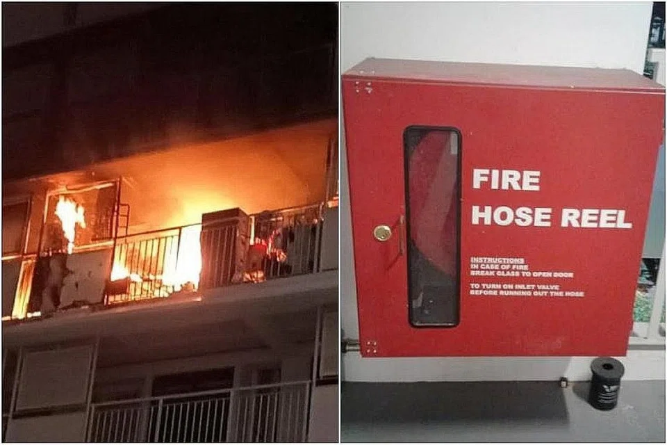 MANGSA KEBAKARAN: Wanita dalam lingkungan usia 60-an itu diselamatkan dari tingkat 13 Blok 210A, Bukit Batok Street 21, pada 1 November lalu sementara gambar kanan pula hos pemadam api yang tidak dapat digunakan. - Foto fail
