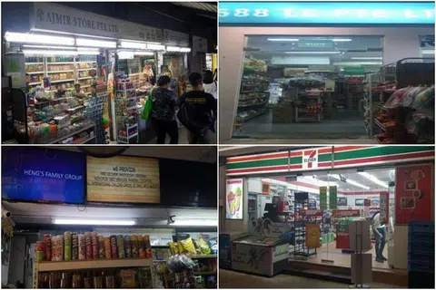 GANTUNG LESEN TEMBAKAU: HSA menggantung lesen tembakau kedai (atas, dari kiri) Ajmir Store di 70 Woodlands Avenue 7, 1588 Le di 158B Rivervale Crescent, (bawah, dari kiri) NH Mart di 620 Hougang Avenue 8 dan 7-Eleven di 68 Geylang Bahru.