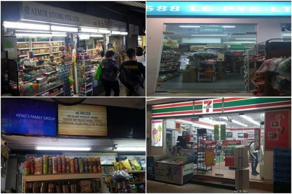 GANTUNG LESEN TEMBAKAU: HSA menggantung lesen tembakau kedai (atas, dari kiri) Ajmir Store di 70 Woodlands Avenue 7, 1588 Le di 158B Rivervale Crescent, (bawah, dari kiri) NH Mart di 620 Hougang Avenue 8 dan 7-Eleven di 68 Geylang Bahru.