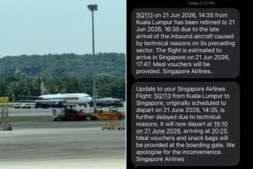 penerbangan SIA, KLIA, tayar pancit