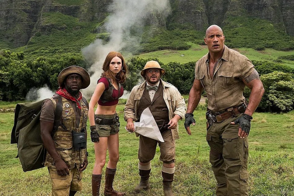 AKAN ADA SEKUEL: (Dari kanan) Dwayne Johnson bersama Jack Black, Karen Gillian dan Kevin Hart merupakan antara pelakon filem 'Jumanji: Welcome To The Jungle' dan sekuel kepada filem ini dikatakan sedang disiapkan. - Foto SONY PICTURES