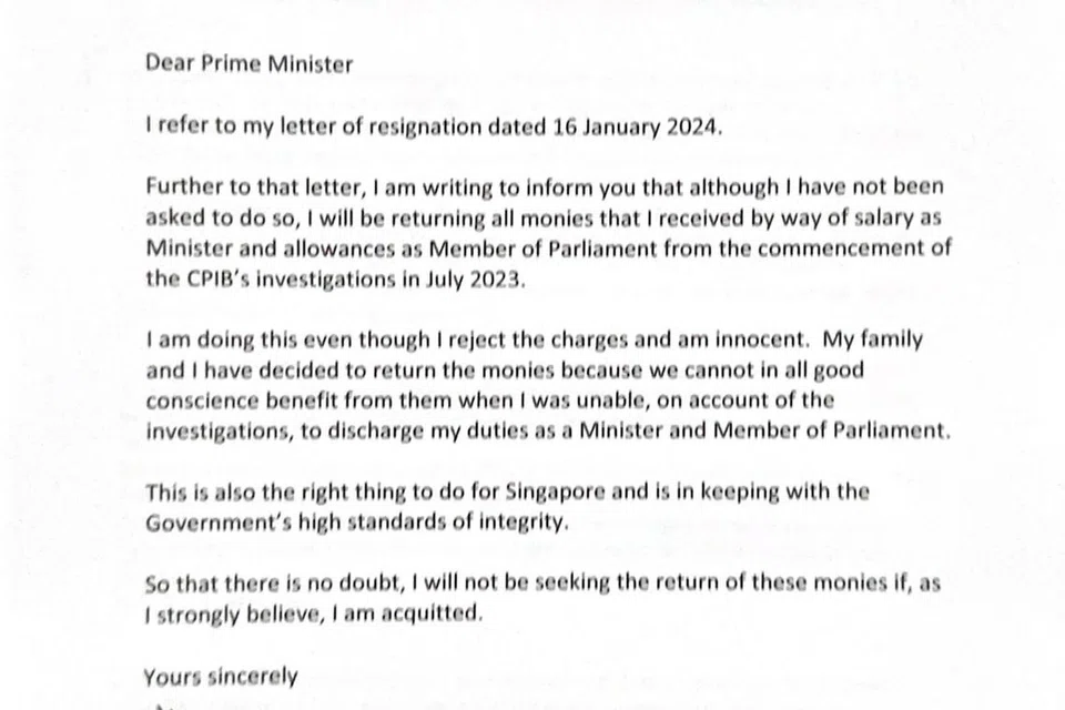 Surat Encik S Iswaran kepada Perdana Menteri, Encik Lee Hsien Loong, bertarikh 17 Januari. 