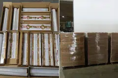 Beberapa karton rokok yang tidak dibayar cukai disembunyikan dalam kotak mengandungi gulungan plastik. Ia ditemui dalam sebuah gudang di Pandan Avenue.