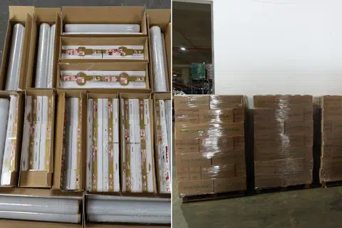 Beberapa karton rokok yang tidak dibayar cukai disembunyikan dalam kotak mengandungi gulungan plastik. Ia ditemui dalam sebuah gudang di Pandan Avenue.