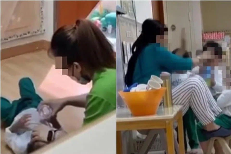 Rakaman video yang diedarkan dalam talian pada Ogos 2023 menunjukkan bekas pendidik menganiaya kanak-kanak di pusat Kinderland di Woodlands Mart (kiri) dan Sunshine Place. 