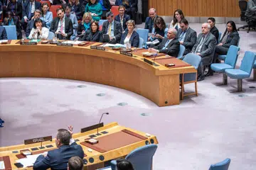 Duta Israel ke Pertubuhan Bangsa-Bangsa Bersatu (PBB), Encik Gilad Erdan, berucap di sidang Majlis Keselamatan semasa mesyuarat untuk menangani situasi di Timur Tengah, termasuk persoalan negara Palestin, di ibu pejabat PBB pada 18 April.