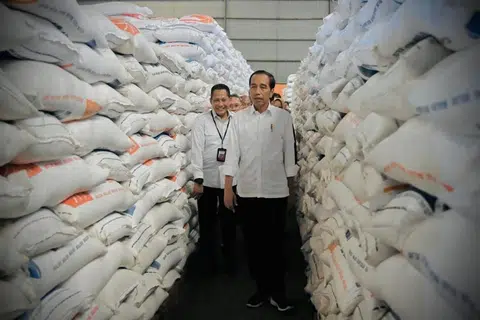 BERAS MENCUKUPI: Presiden Indonesia, Encik Joko Widodo meninjau bekalan beras di Gudang Bulog DKI Jakarta-Banten pada Isnin bagi memastikan ia mencukupi untuk menampung permintaan dalam negeri walaupun terdapat sekatan eksport dari beberapa negara pengeluar.