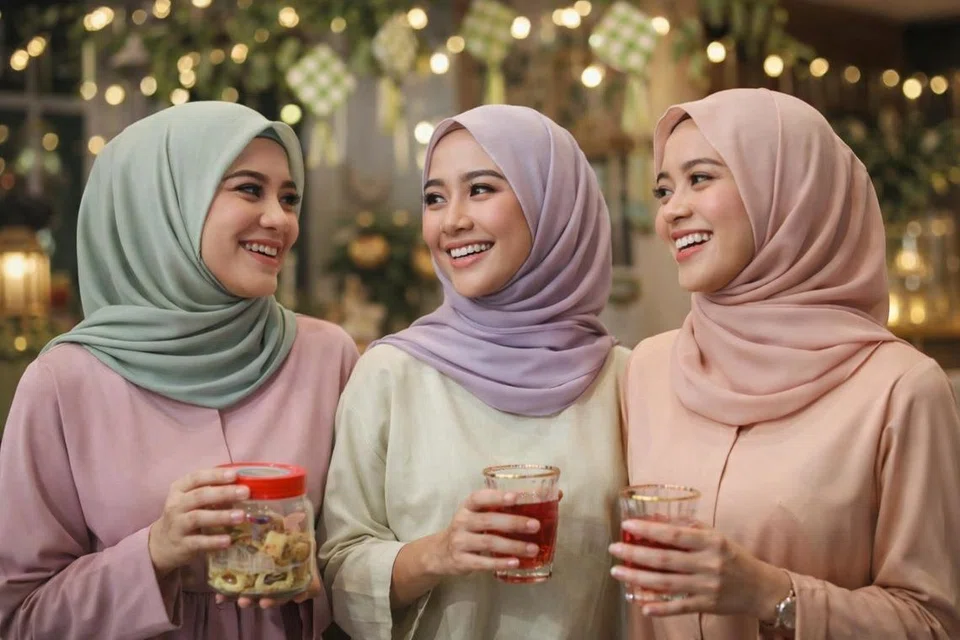 Tiga wanita berbual sambil menikmati juadah Hari Raya dalam suasana ceria. Walaupun musim perayaan dipenuhi pelbagai hidangan, pemilihan makanan secara sederhana dan kesedaran terhadap kesihatan membantu mengekalkan berat badan serta keseimbangan gaya hidup sepanjang Hari Raya.