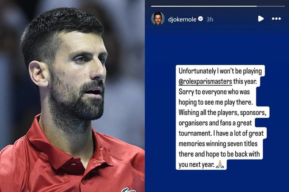 Novak Djokovic dari Serbia mengumumkan penarikan diri daripada Paris Masters – kejohanan yang sudah beliau juarai tujuh kali – melalui Instagram.