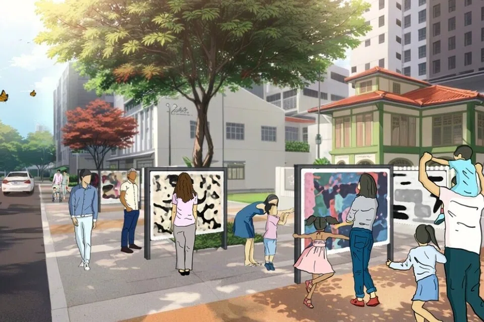 Gambaran artis menunjukkan acara dan aktiviti awam di Waterloo Street.