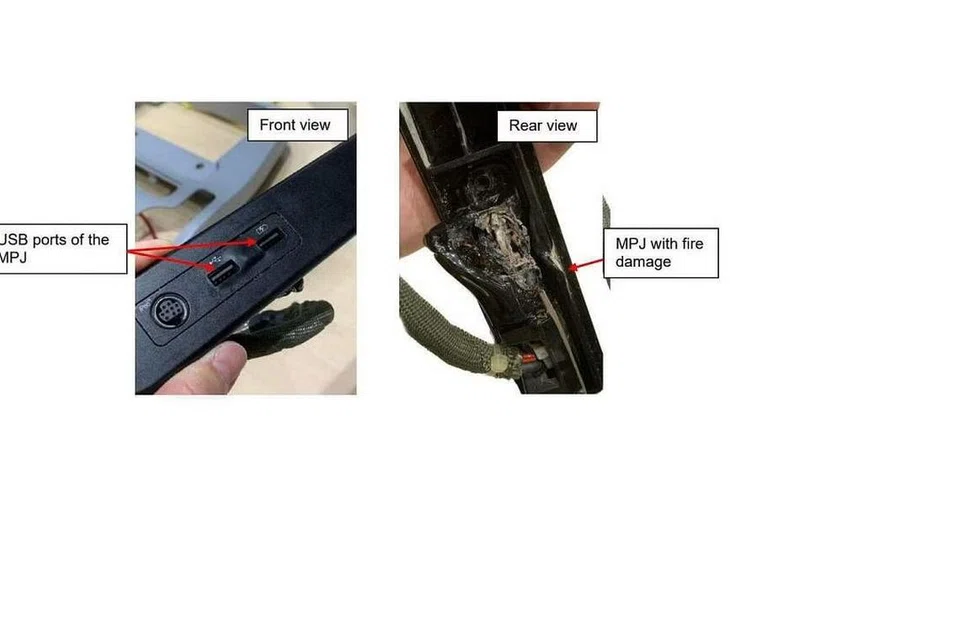 Lihat lebih dekat pada bicu berbilang port (MPJ) di tempat duduk 47K. Percikan elektrik dan banyak lagi telah kelihatan daripada panel IFE. 