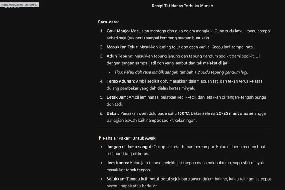 Paparan respons alat kecerdasan buatan (AI) yang menasihati saya supaya menguli doh tart nanas menggunakan tangan “secara manja”.