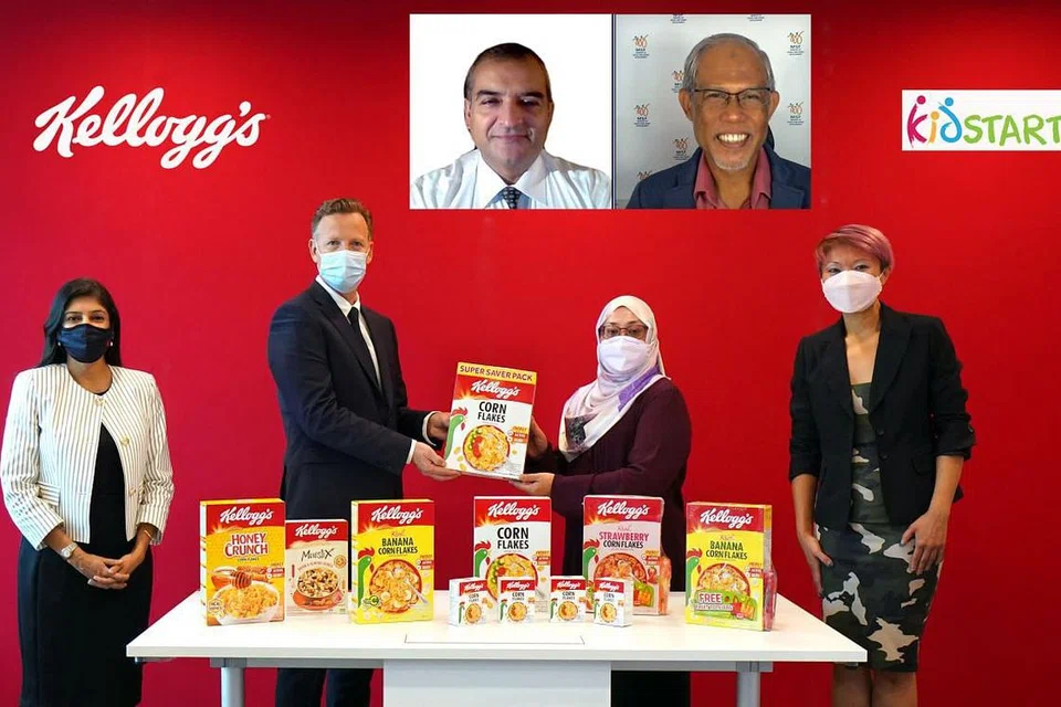 SALING KERJASAMA: Program semalam dilancarkan dalam talian semalam oleh (atas kanan) Encik Masagos Zulkifli. (Atas kiri) ialah Presiden Kellogg Asia Pacific Middle East Africa (AMEA), Encik Shumit Kapoor. (Bawah dari kiri) Pengarah Kanan dan Ketua Kemampanan Kellogg AMEA, Cik Shweta Shukla; Naib Presiden Penyelidikan dan Pembangunan Kellogg AMEA, Encik Shaughan Kennedy; Pengarah Pembangunan Pertubuhan dan Kerjasama KidStart, Cik Norshima Aziz dan Cik Nichol Ng. - Foto KELLOGG