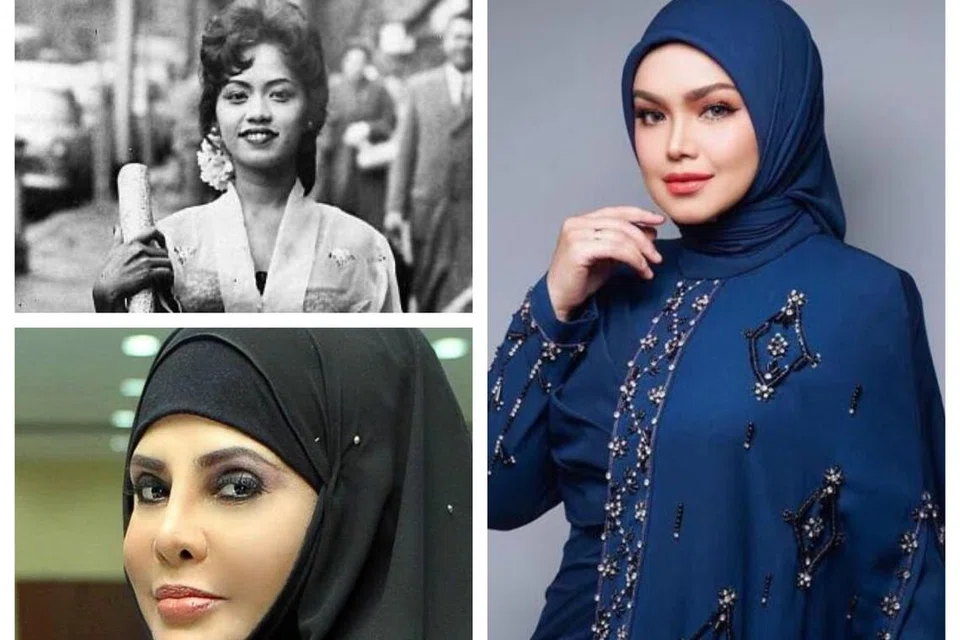Perdebatan tentang apakah gelaran ‘Biduanita Negara’ yang dimiliki Puan Sri Saloma (atas, kiri) pada 1978 dan Datuk Sharifah Aini (bawah, kiri) pada 2006 turut dimiliki penyanyi tersohor Malaysia, Datuk Seri Siti Nurhaliza, turut menjadi bahan perbualan warganet.