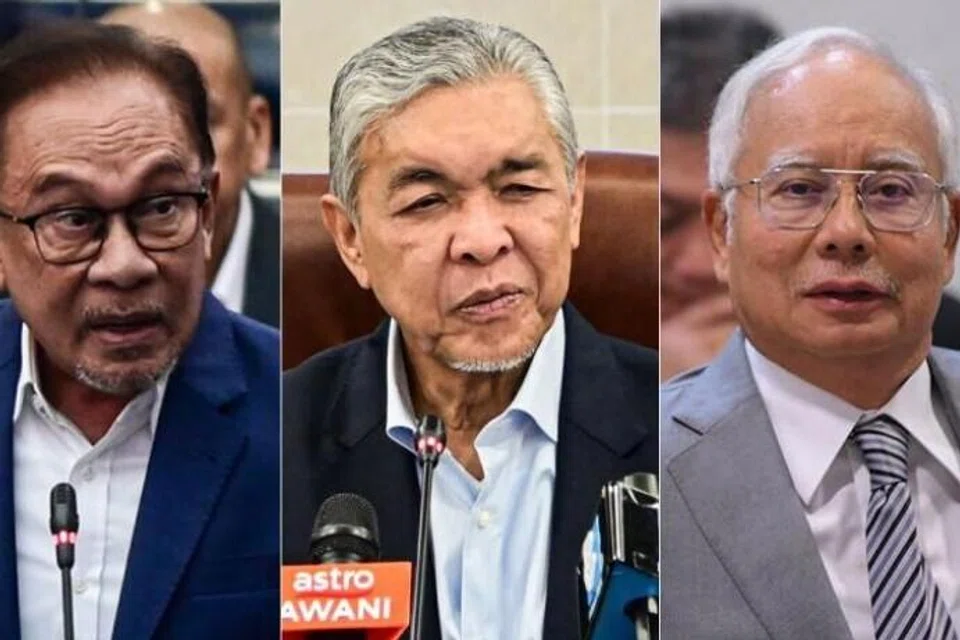 Dari kiri: Perdana Menteri Malaysia, Datuk Seri Anwar Ibrahim; Timbalan Perdana Menteri, Datuk Seri Dr Ahmad Zahid Hamidi dan mantan Perdana Menteri yang dipenjarakan, Encik Najib Tun Razak.