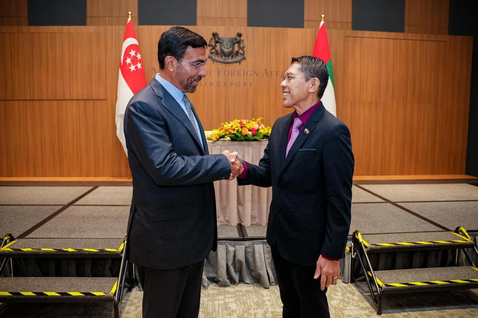 ERAT PERHUBUNGAN DUA HALA: Menteri Negara UAE Encik Ahmed Ali Al Sayegh bersama Menteri di Pejabat Perdana Menteri dan Menteri Kedua (Ehwal Luar merangkap Pendidikan), Dr Mohamad Maliki Osman, semasa mempengerusikan bersama Jawatankuasa Bersama Singapura–UAE yang ketiga pada Isnin