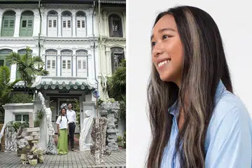 BENTANG KISAH 'GILA' BUAH PALA: Pengukir arca asal Singapura yang menetap di Melbourne, Cik Nabilah Nordin (gambar kiri berkain hijau dan gambar kanan), mengubah rumah kedai di Emerald Hill menjadi persis gudang buah pala sebagai menggambarkan era kegilaan rempah-ratus itu dalam era penjajahan British. Bersamanya adalah pengukir Australia, Encik Nick Modrzewski, yang sama-sama membereskan projek seni ini sempena pameran 'Oh! Emerald Hill.' - Foto-foto OH! & DISINI