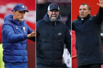 BERSAING HINGGA KE SAAT AKHIR: (Dari kiri) Pengurus Chelsea, Thomas Tuchel; Pengurus Liverpool Juergen Klopp; dan Pengurus Leicester Brendan Rodgers. - Foto-foto REUTERS/EPA-EFE