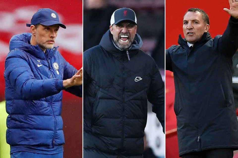BERSAING HINGGA KE SAAT AKHIR: (Dari kiri) Pengurus Chelsea, Thomas Tuchel; Pengurus Liverpool Juergen Klopp; dan Pengurus Leicester Brendan Rodgers. - Foto-foto REUTERS/EPA-EFE