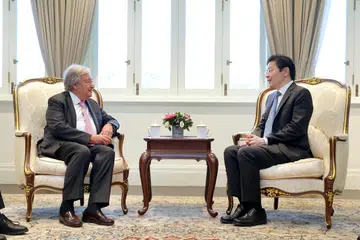 Setiausaha Agung PBB, Encik Antonio Guterres (kiri), bertemu dengan Perdana Menteri, Encik Lawrence Wong, semasa lawatan rasmi beliau ke Singapura dari  31 Ogos hingga 2 September. Ini merupakan lawatan rasmi pertama Encik Guterres ke Singapura sejak menyandang jawatan Setiausaha Agung PBB pada 2017.