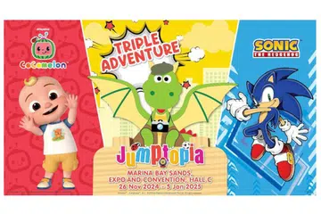 Jumptopia™ Triple Adventure  berlangsung dari 26 November hingga 5 Januari di Dewan C, Pusat Konvensyen dan Ekspo Marina Bay Sands.