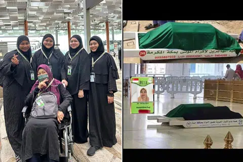 HANYA EMPAT KEMBALI: Allahyarhamha Rasiah Pegi (di kerusi roda)  bergambar bersama anaknya – (dari kiri) Cik Marliana Mohd Yusop dan Cik Siti Nurziana Tomari serta Cik Nurzilah Mohd Yusop (paling kanan)  – dan anak saudaranya, Cik Farah Farhana Abdol-Samat sebelum berangkat menunaikan umrah pada 20 September.