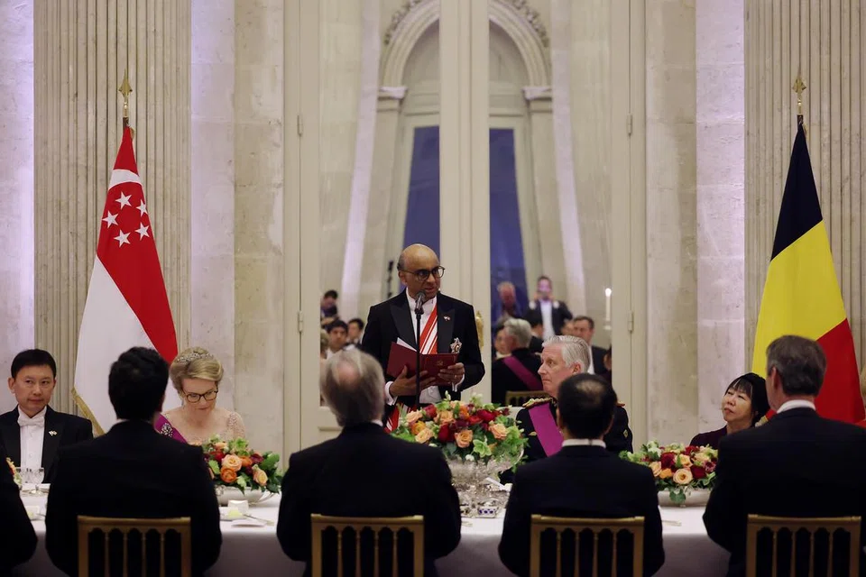 Presiden Tharman berucap semasa majlis jamuan negara anjuran Raja Philippe dan Ratu Mathilde dari Belgium di Istana Laeken, Brussels pada 24 Mac.