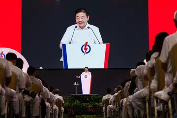 Perdana Menteri, Encik Lawrence Wong, di Persidangan dan Anugerah Parti Tindakan Rakyat (PAP) 2026 yang diadakan di Expo pada 25 Oktober.
