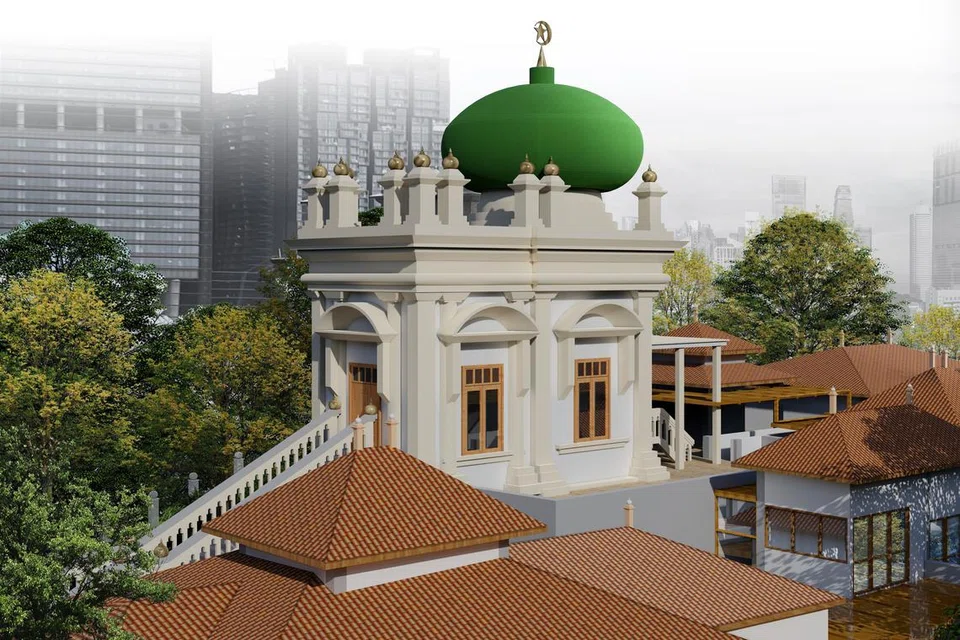 LEBIH MENYERLAH: Ilustrasi Masjid Haji Muhammad Salleh@Makam Habib Noh digambarkan berwajah baru dengan kemasan cat bangunan utama berwarna putih dan emas, serta digantikan dengan kubah baru berwarna hijau.