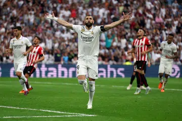 JARINGAN TERAKHIR: Karim Benzema meraikan jaringan terakhirnya buat Real Madrid selepas beliau menyempurnakan jaringan penaltinya.