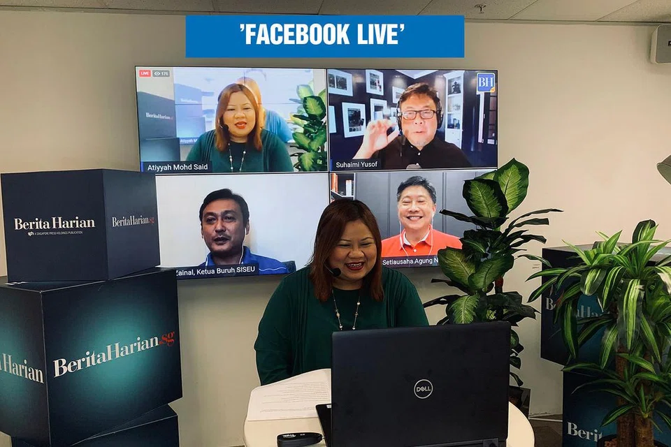 BINCANG FACEBOOK: Sejak April lalu, Berita Harian telah mengadakan hampir 20 perbincangan 'Facebook Live' merangkumi pelbagai topik. Antaranya termasuk membincangkan isu pemberhentian kerja di tengah-tengah kemelesetan ekonomi bersama Setiausaha Agung, Kongres Kesatuan Sekerja Kebangsaan (NTUC), Encik Ng Chee Meng. Video tersebut ditonton lebih 30,000 kali di Facebook Berita Harian Singapura. 