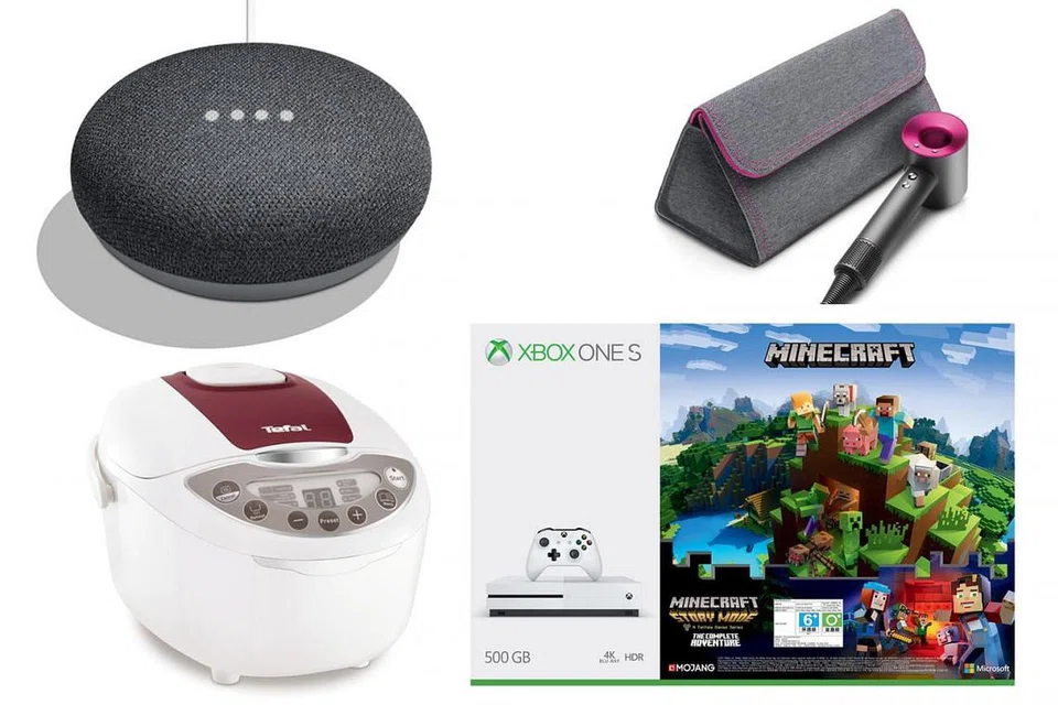 IKUT ARAH PUTARAN JAM DARI SEBELAH KIRI (PALING ATAS): Alat Google Home Mini, alat mengeringkan rambut Dyson Supersonic Hair Dryer, alat permainan Xbox One S 500GB Console Minecraft dan alat memasak nasi Tefal 1.8 liter Fuzzy Logic Rice Cooker. - Foto-foto COURTS