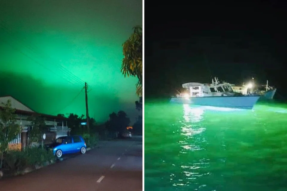LANGIT HIJAU: Permukaan langit di Sabak Bernam, di Sungai Besar, Selangor kelihatan diliputi cahaya hijau baru-baru ini dengan beberapa pengguna menyatakan ia disebabkan cerminan lampu hijau terang benderang yang dilengkap pada mata kail oleh nelayan untuk menangkap sotong.