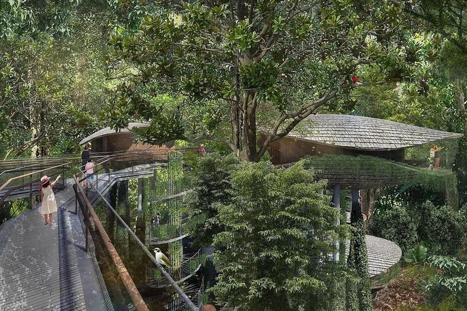 PENGINAPAN DEKATI ALAM SEMULA JADI: Ilustrasi seni bina laluan tinggi di resort baru yang terletak di tengah-tengah lima taman hidupan liar di Mandai. - Foto MANDAI PARK HOLDINGS