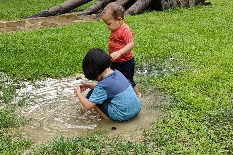 Anak-anak penulis, Munawwarah dan Hamzah Mohammad Hanafi, bermain di ‘Nature Playgarden’ di Taman Pasir Ris. 