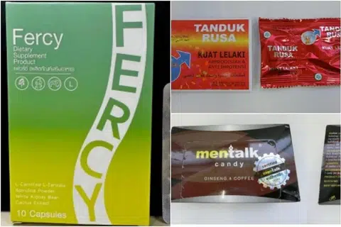 RISIKO KESIHATAN: Fercy Dietary Supplement Product, Tanduk Rusa Kuat Lelaki dan Mentalk Candy kesemuanya mengandungi bahan-bahan yang boleh mendatangkan risiko kesihatan kepada penggunanya.