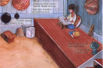 BELAJAR DI AMBEN: Semasa kecil dahulu, Encik Sidek membuat kerja sekolah di amben di rumah kampungnya. Pada waktu malam, amben itu dijadikan katil. - Ilustrasi OPUS EDITORIAL