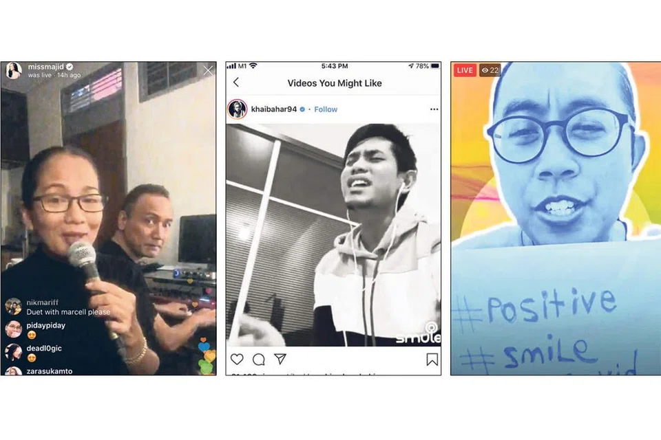 SUARA BERGEMA DI ALAM MAYA: (Dari kiri) Artis seberang seperti Sheila Majid dan Khair Bahar serta artis Singapura, Rudy Djoharnaen, antara mereka yang muncul ber'konsert' di media sosial bagi terus berinteraksi dengan peminat-peminat mereka. - Foto-Foto INSTAGRAM, FACEBOOK